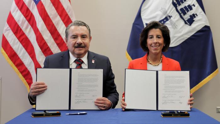 Secretary Raimondo and Hispanic Association of Colleges and Universities (HACU) CEO Dr. Antonio Flores pictured with signed MOU to help advance opportunities for Latino students. 